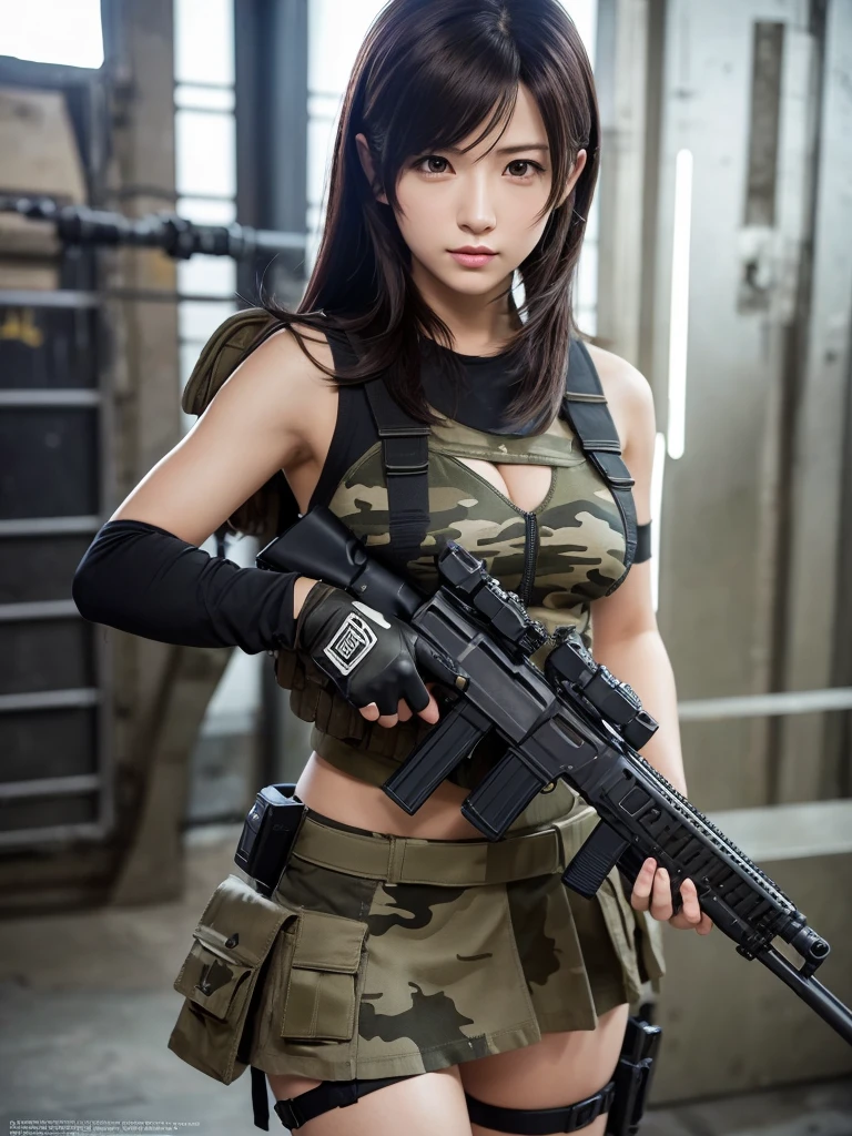 Masterpiece, best quality, ai-generated,official art, final fantasy, tifa lockhart, camouflage clothing,camouflage helmet, pleated skirt, Medium chest, A glimpse of thighs,random hair,perfect proportions, high detail skin, Cute, detailed faces, random sexy pose, precise fingers,panty shot Girl shooting automatic rifle, finely drawn automatic rifle, bulletproof suit, (turn towards the viewer), syncs body orientation and gaze, dynamic angle, battle, war,