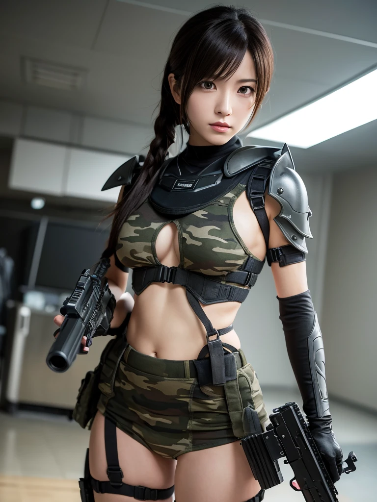 Masterpiece, best quality, ai-generated,official art, final fantasy, tifa lockhart, camouflage clothing,camouflage  helmet, pleated skirt, Medium chest, A glimpse of thighs,random hair,perfect proportions, high detail skin, Cute, detailed faces, random sexy pose, precise fingers,panty shot Girl shooting automatic rifle, finely drawn automatic rifle, bulletproof suit, (turn towards the viewer), syncs body orientation and gaze, dynamic angle, battle, war,
