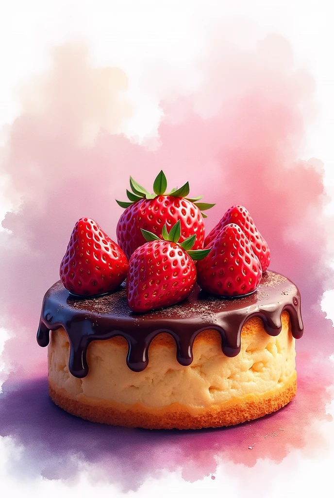 Homemade cake design with chocolate frosting decorated with strawberries with watercolor effect 

