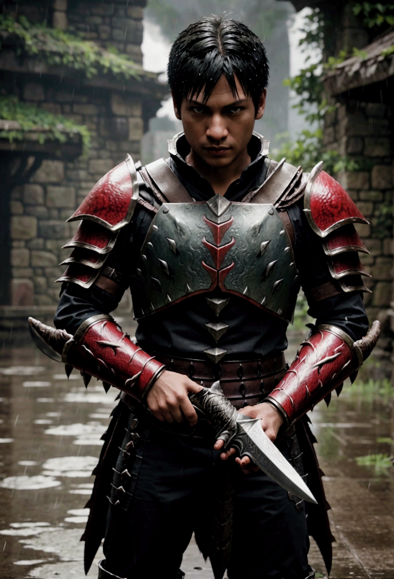 Monster Hunter (game), Rathalos armor, Male Hunter, Longsword held before them, rain pouring
