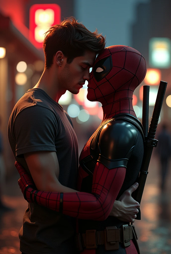 Spiderman kissing Deadpool without suit