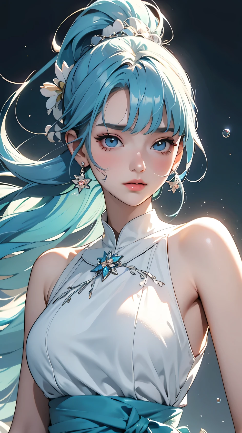 (masterpiece), (best quality), (Super detailed),(Disk hair),(illustration), (1 girl), (fashion clothing), permanent, fashion model, looking at the audience, (interview), (Simple background), beautiful and delicate eyes, exquisite beauty, floating, (high saturation), (colorful splash), Colorful bubbles, (shine), focus on face, ponytail, Ayaka Kamisato, light blue hair, Bangs, Hair ring, floating flowers, flowing hair, (shining), best lighting, best shadow, whole body, vista