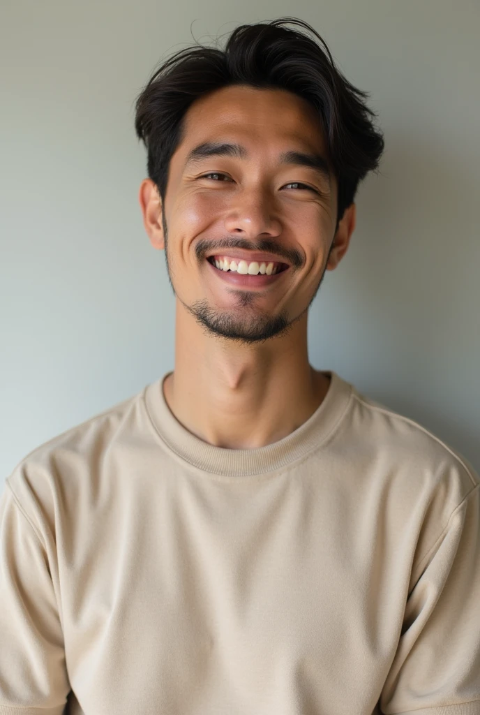  A 30-year-old man with a modern and friendly appearance. He has a warm expression and a sincere smile., which conveys closeness and trust. 

She is dressed casually in neutral colored clothing, which include soft and natural tones such as beige or light grey. The style is simple but elegant, reflecting a homely and accessible aesthetic. The avatar focuses mainly on the person and the gadget, con detalles nítidos y realists que lo hacen fácil de identificar a primera vista,Recto ,Looking forward ,portrait,realist,4k