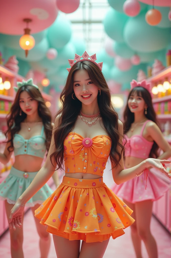 Female kpop group wearing colorful dresses in an ice cream shop setting 