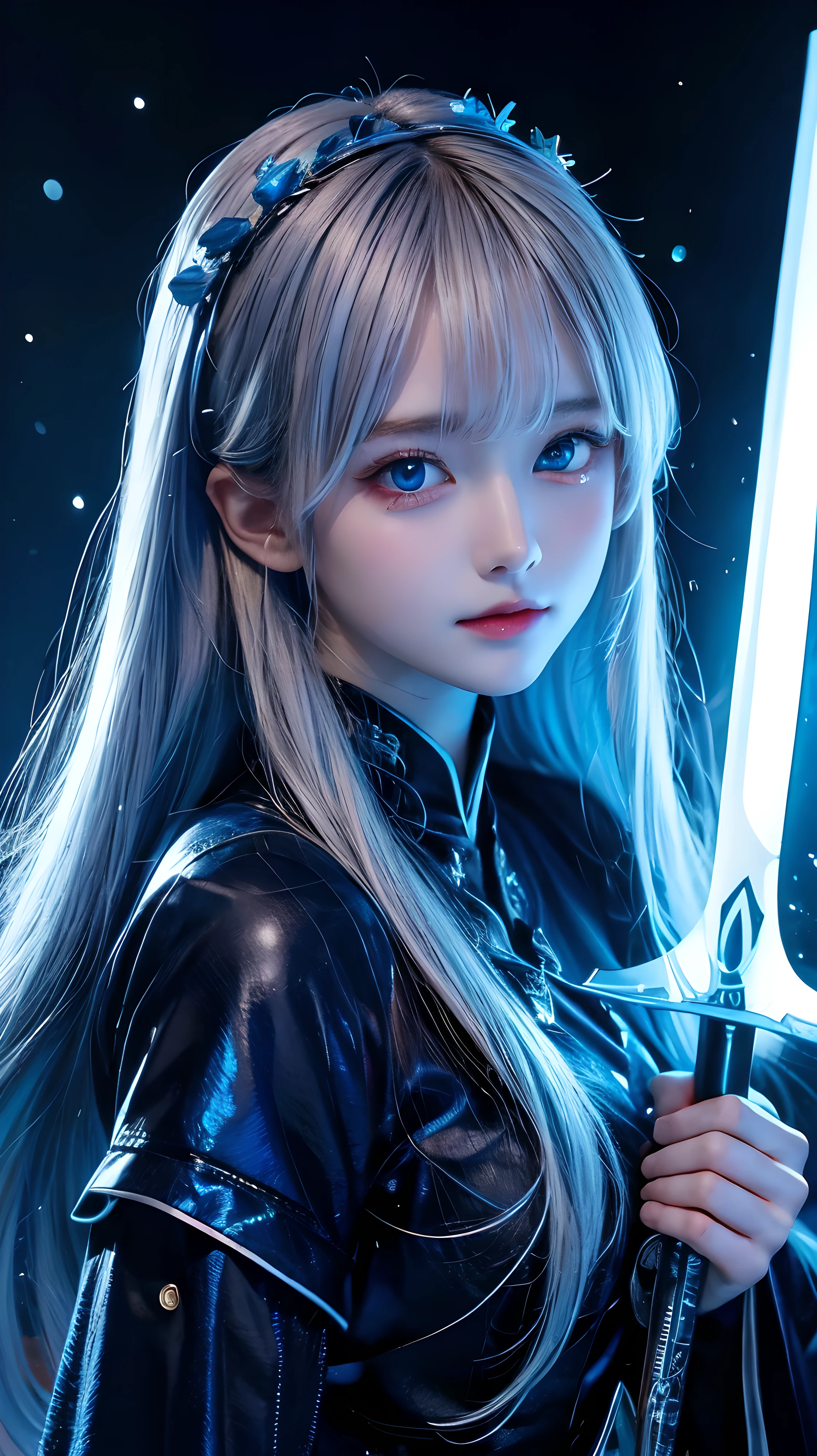 dark cave background、Watery blue eyes that glow in the dark、
((masterpiece))、((top-quality))、beautiful girl with a cold face、Holds up a sword that emits blue light