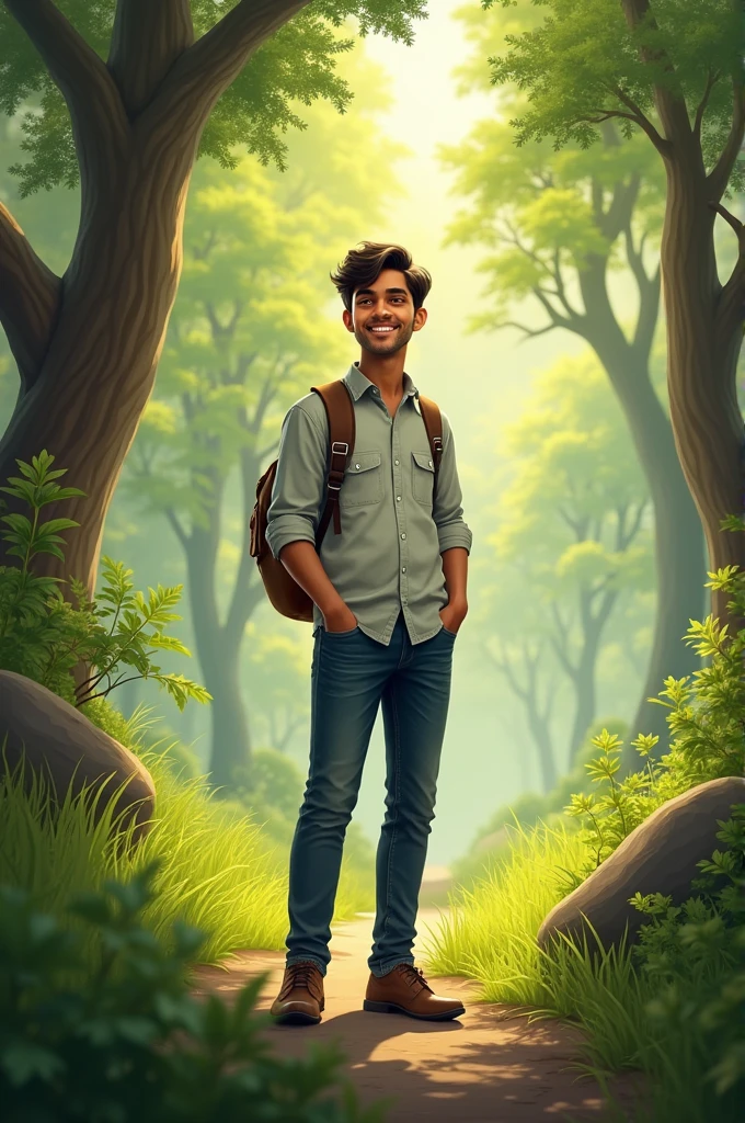 A boy whose name is Ashish, he is a civil engineer and he is wearing a shirt and jeans and is in a beautiful nature, give a wonderful picture