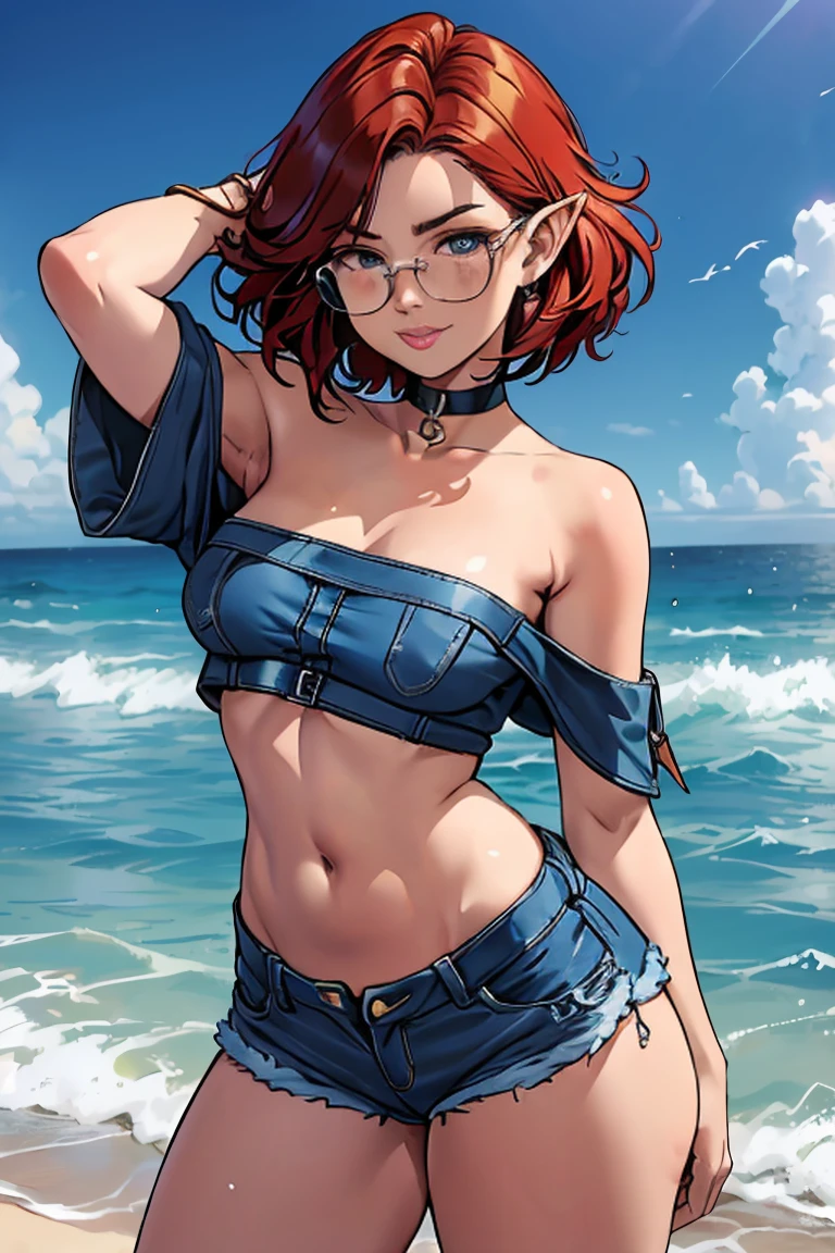 1girl, beautiful elf woman, ((Short Red Hair, Straight, has shine)) Blue eyes, double eyelids, light effect on eyes, detailed irises, beautiful curvy body, glasses, ((Blue Denim off the shoulder Sleeveless Strapless tight tee shirt covering chest, stomach exposed)), black choker, ((tiny blue denim mini shorts)), black high heels, ((Work of art, hyper-realistic, hyper detailed, Best Quality, 16k, light and shadow on skin, vivid colors)), ((standing in water in the ocean at beach)), ((Hands behind head: 1.5, Hand resting on stomach: 1.5)) Lustful Expression, perfect lips, sexy mature face, lots of freckles all over body, full pouty lips, extreme blush, sensual smile, night time, moonlit sky, Flirting with viewer, Flirty Lusty Smile, ((Large Breasts: 1.0)) ((Full View))
