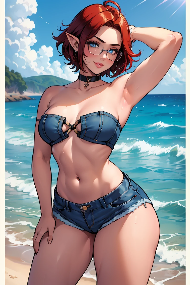 1girl, beautiful elf woman, ((Short Red Hair, Straight, has shine)) Blue eyes, double eyelids, light effect on eyes, detailed irises, beautiful curvy body, glasses, ((Blue Denim off the shoulder Sleeveless Strapless tight tee shirt covering chest, stomach exposed)), black choker, ((tiny blue denim mini shorts)), black high heels, ((Work of art, hyper-realistic, hyper detailed, Best Quality, 16k, light and shadow on skin, vivid colors)), ((standing in water in the ocean at beach)), ((Hands behind head: 1.5, Hand resting on stomach: 1.5)) Lustful Expression, perfect lips, sexy mature face, lots of freckles all over body, full pouty lips, extreme blush, sensual smile, night time, moonlit sky, Flirting with viewer, Flirty Lusty Smile, ((Large Breasts: 1.0)) ((Full View))
