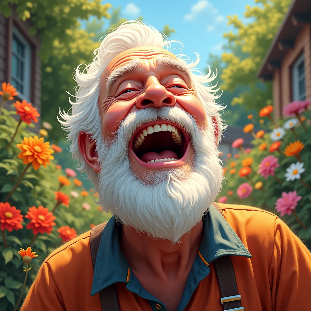 Old man laughing out loud: "Create a lifelike image of an elderly man with white hair and a bushy beard, his head thrown back in a hearty laugh. His eyes are closed, and his mouth is wide open, showing his teeth as he enjoys a good joke. The background is a bright, sunny garden, with flowers in full bloom, enhancing the joyful and carefree mood."