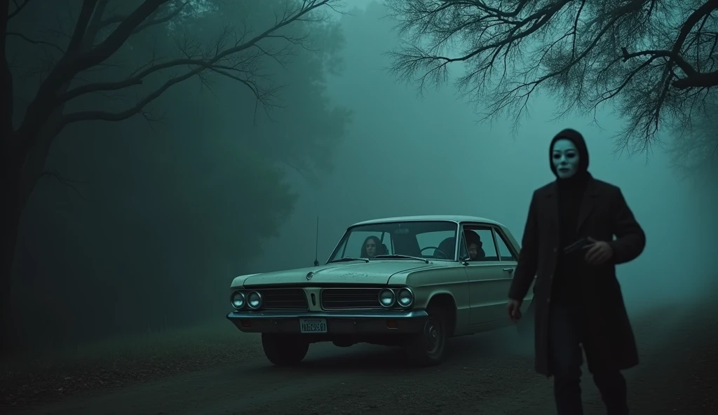 "A cold, foggy night in California, with a gloomy atmosphere. Show an old car, a 1960s model, parked in a secluded spot, surrounded by dense trees. Inside the car, a panicked couple: a woman with dark hair and a man with a look of terror. A masked man, dressed in dark clothes and a frightening white mask, approaches with a gun. Dramatic lighting, deep shadows, and a sense of urgency and fear." ,Pay attention to the background scene, very detailed. (masterpiece, best quality, hires, high resolution: 1.2), (extremely detailed, realistic, intricate details, high resolution), 