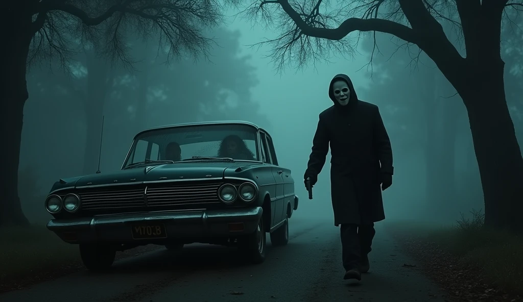 "A cold, foggy night in California, with a gloomy atmosphere. Show an old car, a 1960s model, parked in a secluded spot, surrounded by dense trees. Inside the car, a panicked couple: a woman with dark hair and a man with a look of terror. A masked man, dressed in dark clothes and a frightening white mask, approaches with a gun. Dramatic lighting, deep shadows, and a sense of urgency and fear." ,Pay attention to the background scene, very detailed. (masterpiece, best quality, hires, high resolution: 1.2), (extremely detailed, realistic, intricate details, high resolution),