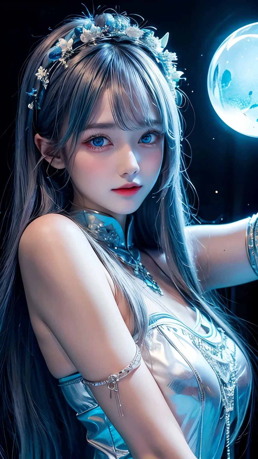 dark cave background、Watery blue eyes that glow in the dark、
((​masterpiece))、((top-quality))、beautiful girl with a cold face、Holds up a sword that emits blue light