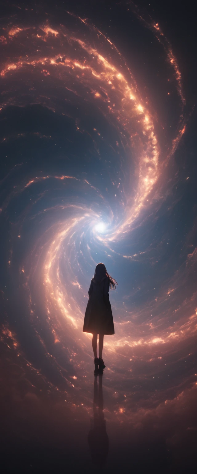 8k,wallpaper of extremely detailed CG unit, masterpiece,hight resolution,top-quality,top-quality real texture skin,hyper realisitic,increase the resolution,RAW photos,best qualtiy,highly detailed,the wallpaper,cinematic lighting,ray trace,golden ratio, BREAK ,many stars twinkling in a beautiful bright winter night sky, long exposure starry sky with many circular orbits, silhouette of a cute young woman with long hair with her hands in her coat pockets looking up at it, photo taken from long distance, photo from below, beautiful kaleidoscope multiple exposures overlapping