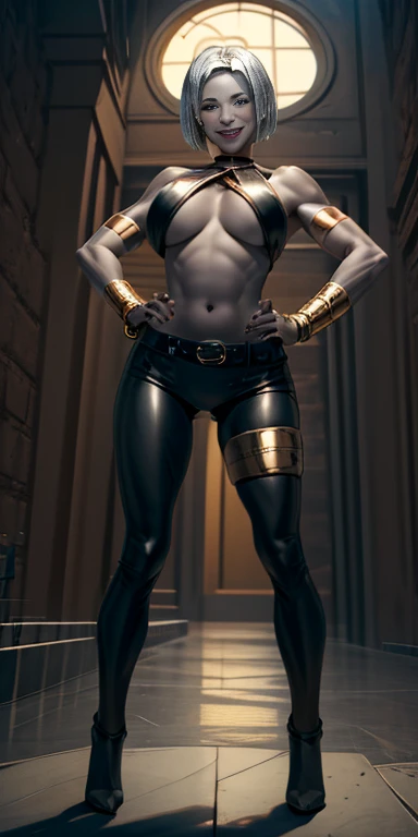 full body, whole body, solo, female, short white silver bob hair, big breast, yellow bikini, hands on hips, hands on waist, navel, lustful smirking smiling, smile red face, metal shoulders, gold sleeveless armbands, black leather choker collar, shackle bracelet, pauldrons, breastplate, leather corset, eye focus, loincloth standing, metal sandals, twin big belt, view from below, feet together, bracers, tiara