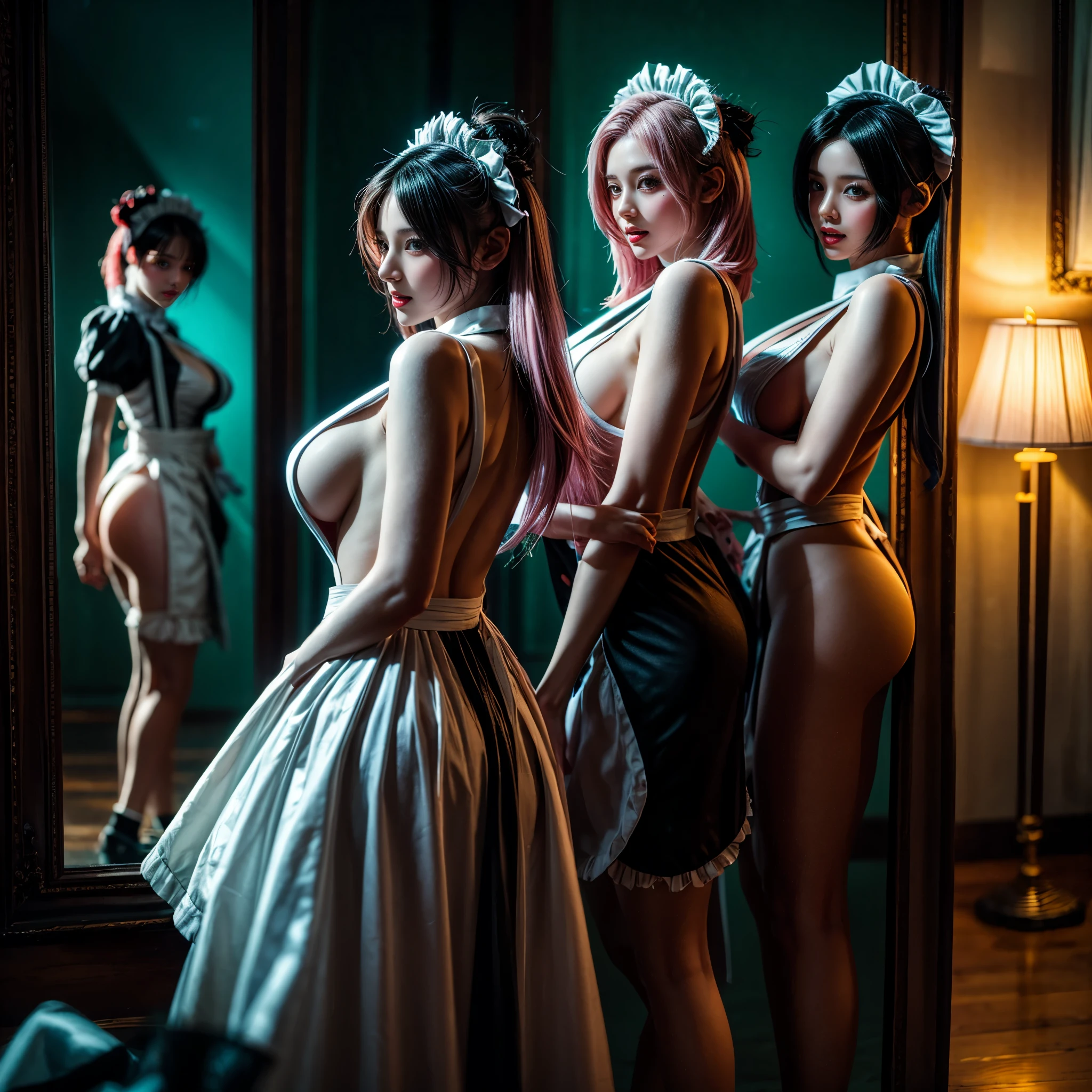 (Full Body of Extremely Detailed(( Maid Group in a row:1.37))), KAWAII perfect face, Reflective Eyes, Detailed(Delicate Clothing textures), Correct Bewitching Leg Line, Dynamic Joyful Expressions LifeLike Rendering, Specular Reflection, TopQuality 8K Ultra-detailed masterpiece (ProfessionalPhoto:1.37), (Acutance:0.8), (Luminism:1.28), Renaissance art style, Colorful Light particles, ((Full body from side)), {MicroMini Skirt|Kissing|Undressing|Thigh Gap|Roundly Cute AssFs|(NakedApith SideBoob)}, Radiant Fine Skin with Transparency, (Exposed:0.4), {Pink Hair|LightBlue Hair|Platinum Blonde|Pure White Hair|Liquid Hair}, Perfect Lighting