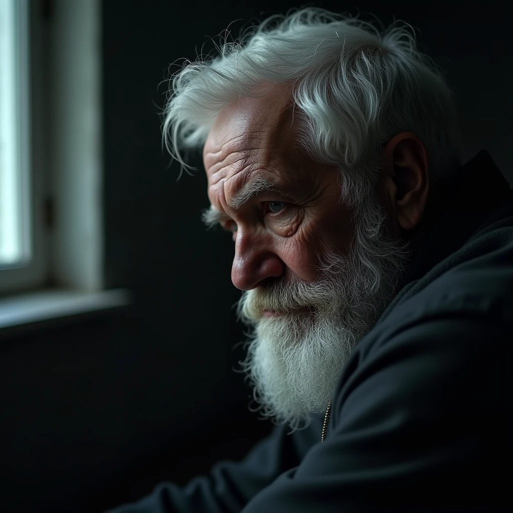 Sad old man: "A hyper-realistic close-up of an elderly man with white hair and a thick beard, his eyes downcast and his mouth turned into a slight frown. His expression is one of sadness or contemplation, as if he’s reflecting on something bittersweet. The background is a dimly lit room with a single window casting a soft, melancholic light."