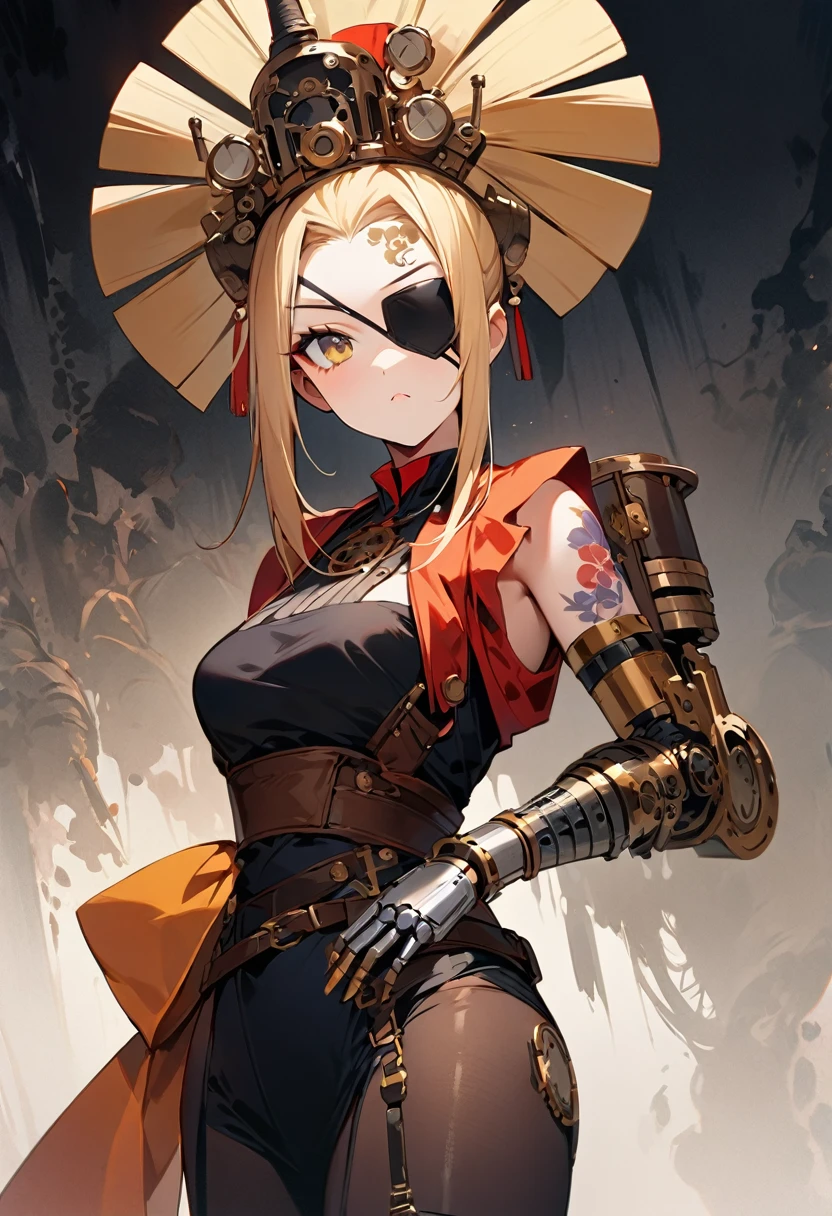 Ink painting, (((1 girl )), (((Tattoo in the middle of the forehead))), (((Oiran))), (((Great hair accessories))), Demon possession, ((Eye patch over:1.3)), (((Masterpiece、Highest image quality、Highest quality、Extremely detailed unit 8ｋWall paper))), ((Illustration of one girl、Upper body covered))、(((beautiful girl))), (Female pirates), (Light golden hair、short ponytail;：1.2、Yellow eyes), (((Artificial body and hands、Steampunk prosthetic arm and body)))、 ((long)), Graceful arms, Graceful legs, (Team captain&#39;suit、Pirate hat、Blue coat), Inside the ship