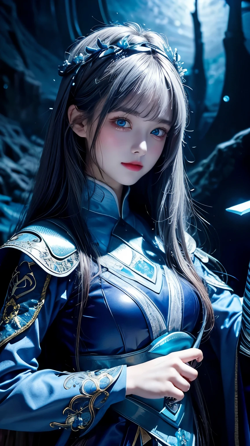 dark cave background、Watery blue eyes that glow in the dark、
((​masterpiece))、((top-quality))、beautiful girl with a cold face、Holds up a sword that emits blue light