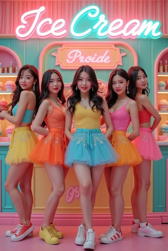 Girl kpop group, with five girls in colorful dresses in an ice cream shop setting