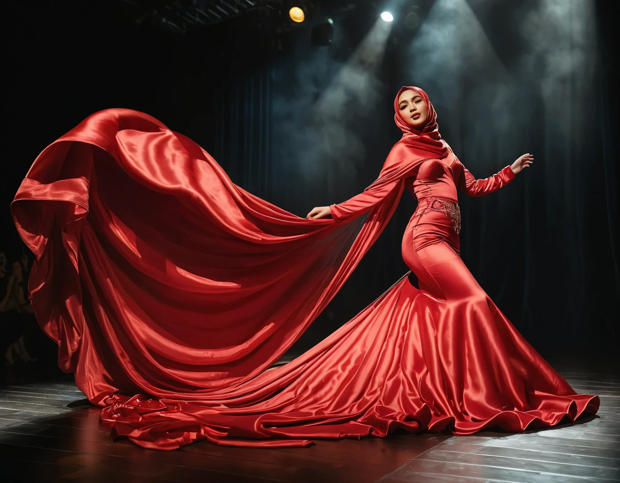 A woman shrouded in a 8-meter-long, plush red satin cloth, tightly bound and grandly draping along the form of her body, flowing off into a pooled floor-length train, styled in a mermaid-inspired outfit with very long train outfit, her head modestly veiled in a satin hijab, tall woman, walk on stage, sing in front of a microphone stand, a full-body pose conveying a sense of mysterious elegance, captured in a 4k resolution, ultra-realistic
