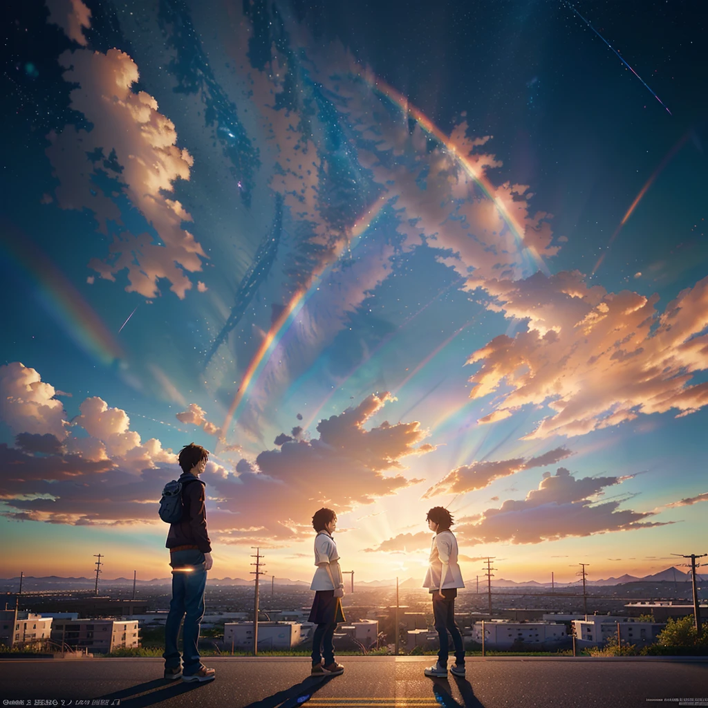 two anime characters standing in front of a rainbow colored sky, movie promotional art, kimi no na wa, movie promotional image, your name, promotional movie posterart, official art, sakimichan and makoto shinkai, promotional art, makoto shinkai and bioware, ross tran and makoto shinkai, your name movie style