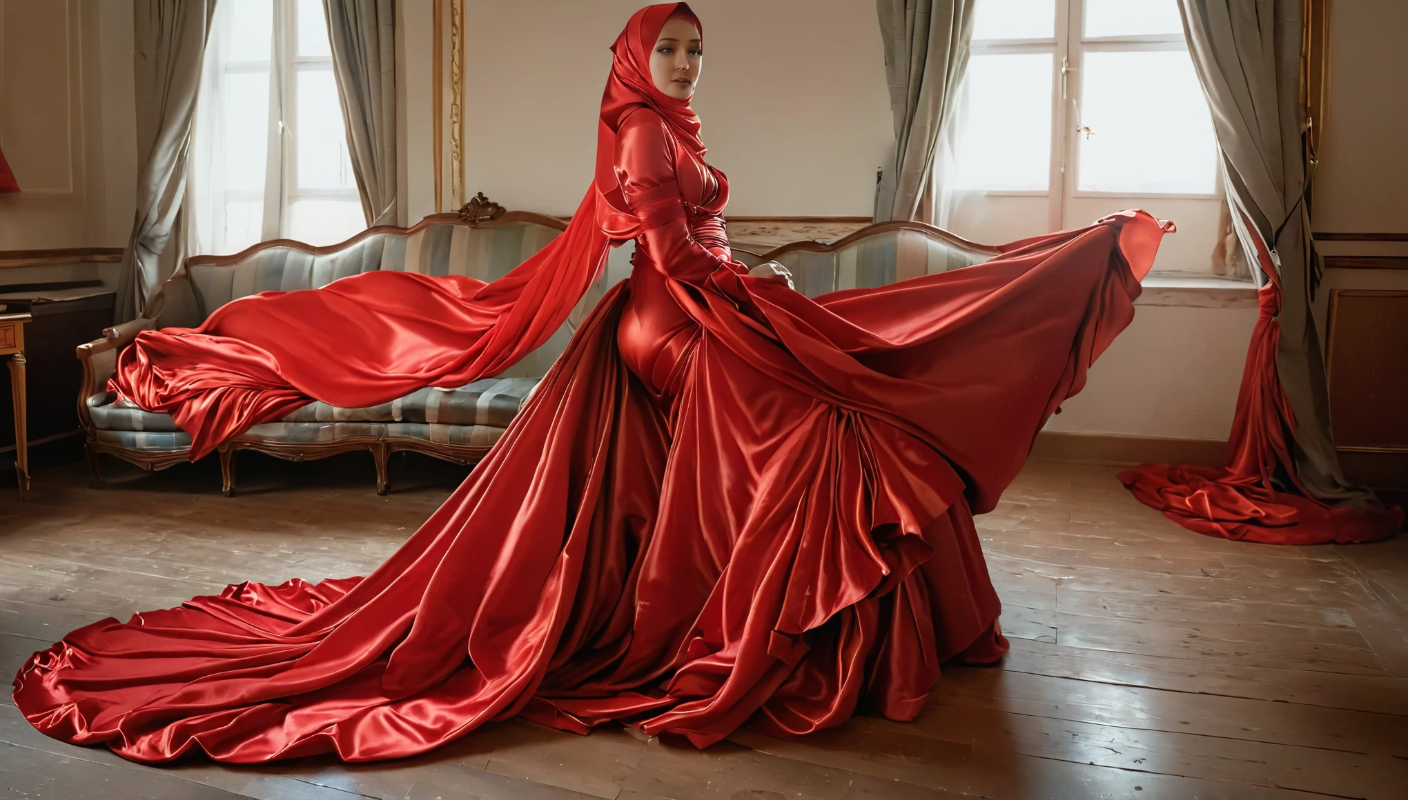 A woman shrouded in a 10-meter-long, plush red satin cloth, tightly bound and grandly draping along the form of her body, flowing off into a pooled floor-length train, styled in a mermaid-inspired outfit, her head modestly veiled in a satin hijab, tall woman, walking in room, a full-body pose posing in front of people, captured in a 4k resolution, ultra-realistic