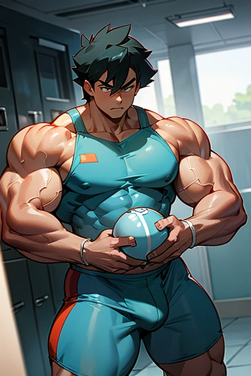 Ash Ketchum from Pokémon anime as a big dumb muscular bodybuilder jock in a locker room standing with slumped shoulders in line for inspection with other equally muscular bodybuilder jocks and staring blankly as his eyes glow red under hypnosis as he repeats, "Bigger... Dumber.... Must obey.... More like a jock bro every day.... Yes, Coach. I obey. Huhuhuhuh.... This jock is ready for inspection...." in a deep mindless monotone with his fellow hypnotized jocks to forget about Pokémon training and focus instead on training his own body and obeying his coach. Mouth dropped open. Hyper swollen bulging crotch. Hyper muscles. Toned muscles. 5% body fat. Big biceps. Big triceps. Broad shoulders. Big traps. Big lats. Big meaty pecs. Massive deltoids. Six-pack abs. Spherical glutes. Brainwashing. Hypnosis. Hypnotized. Bro. IQ drain. Dumber and dumber. Meathead. Musclehead. Mindless. Hypno. Mind control. Brain drain. Entranced.