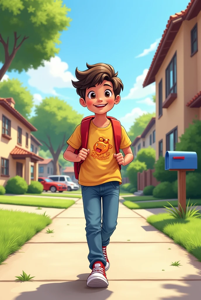 Create an illustration of a student wearing a t-shirt, walking to school.