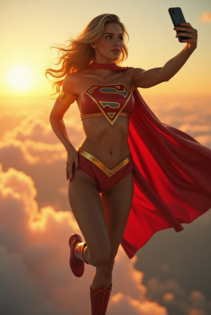 INSANELY SEXY, RIPPED MUSCULAR BUSTY BOOBS SUPERGIRL WEARING THE ORIGNAL GOLDEN AGE SUPERGIRL COSTUME FROM 1950. SOARING WHILE TAKING A SELFIE.