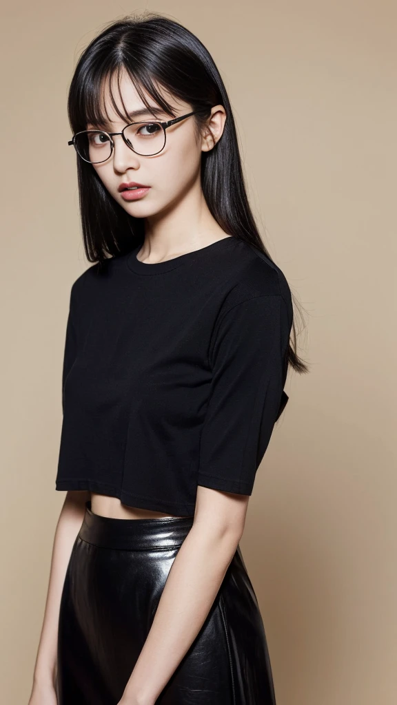(Highest quality:1.5), (Real:1.4), (Ultra high definition:1.4), (No correction:1.4), (skinny Japanese woman with average size breasts standing front plain background in studio), (A woman wearing black-rimmed glasses), (Very small eyes), (breasts of average size), (Bangs that hide eyebrows), (Long black hair), (Dark personality expression), (Black T-shirt), (Black super long skirt), (black hair woman is standing with black T-shirt and black super long skirt front plain background in studio), (woman viewed from the front), (Plain background), (Cowboy Shot), (Cold expression), (upright), (A woman with long black hair and glasses), (Bangs that hide eyebrows), (Sharp and tiny eyes)