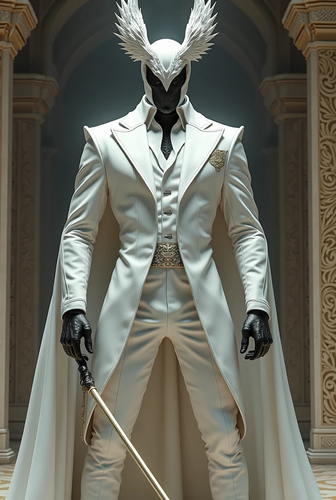 White suit warrior with sharp trident standing in a tample and wear a eagle leaf helmet and black mask