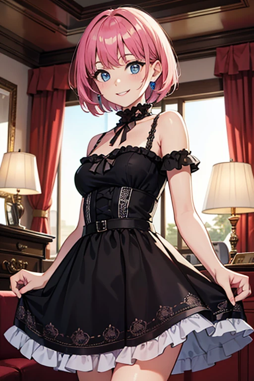 best quality, masterpiece, mansion living room, whole body, looking at viewer, Pink short hair, Cool smile, girl, solo, Sky blue eyes smile, Cute face, Gothic dresses, splendor
