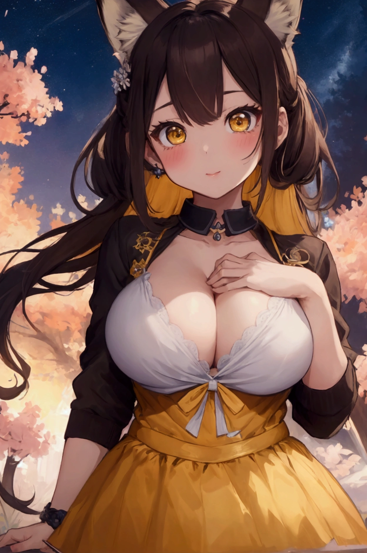 (ultra highres、ultra quality、Masterpiece、8k、),A girl with light  hair drawn Young and cute 、Asian woman,s hot, Japanese Model, Cute Core,  , Chubby 、(big breast)、fairy tale、Blushing、(sexly、I can see your chest)(Fox Ears)yellow eye、Buckshot