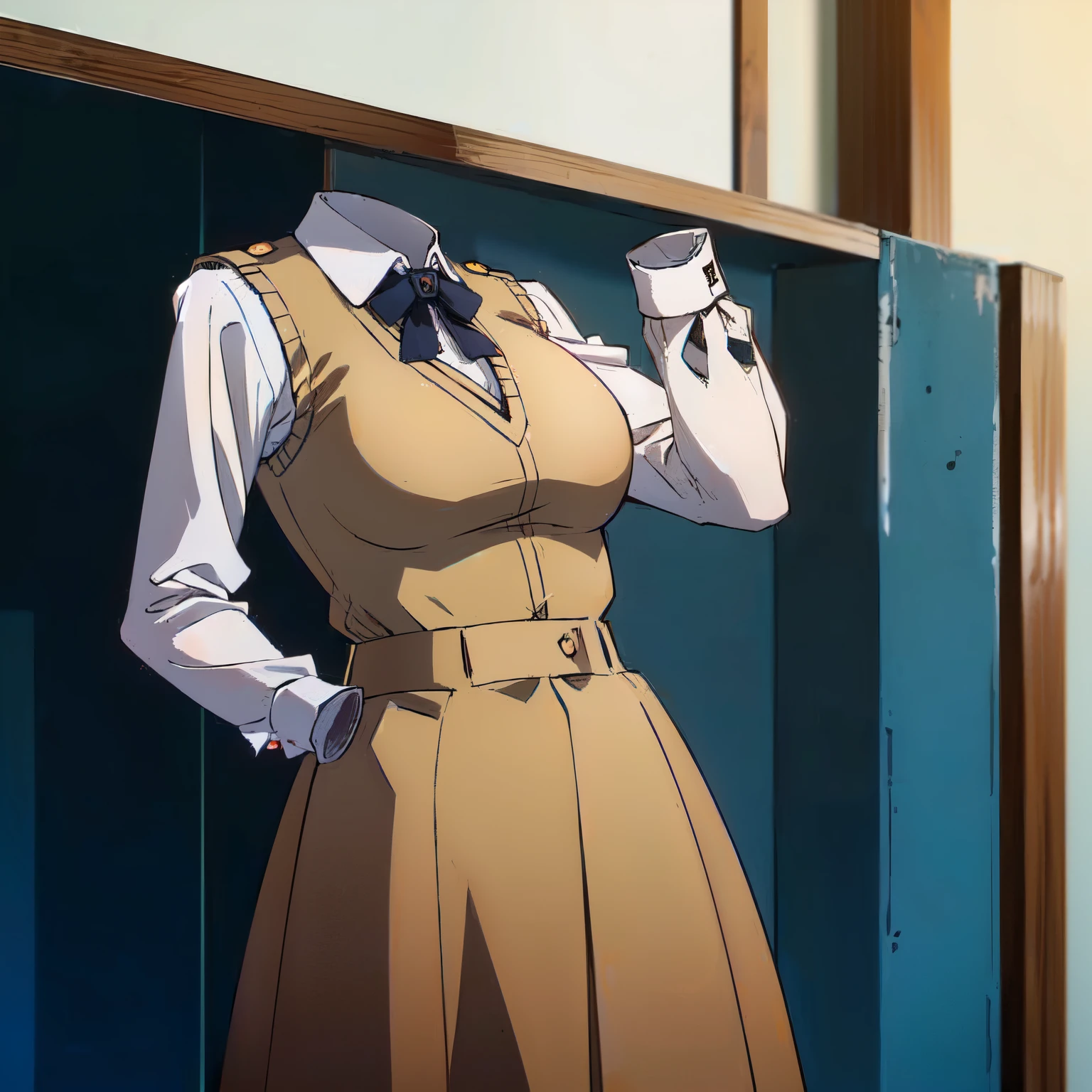 (invisible:1.5, no humans:1.5, headless:1.5, faceless:1.5), Detailed background, (large big breasts), cowboy shot, kibito high school uniform, school uniform, sweater vest, plaid skirt