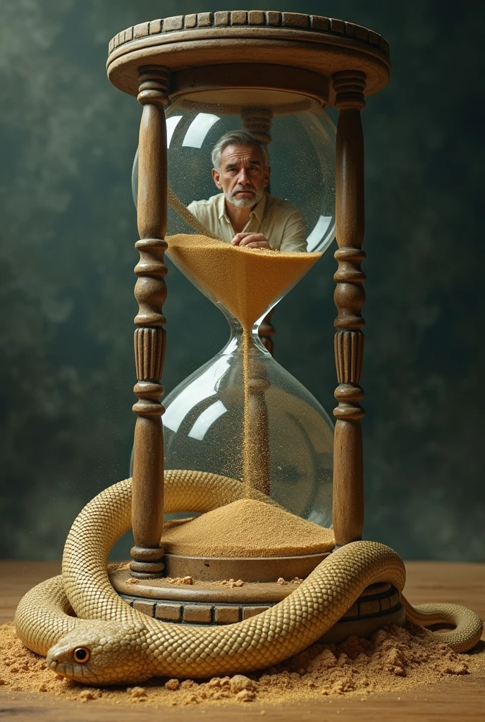 A man inside a sand clock which body is diminished over a time ,but he wants to catch a wealth during his life , represent by a snake give me in drawable picture