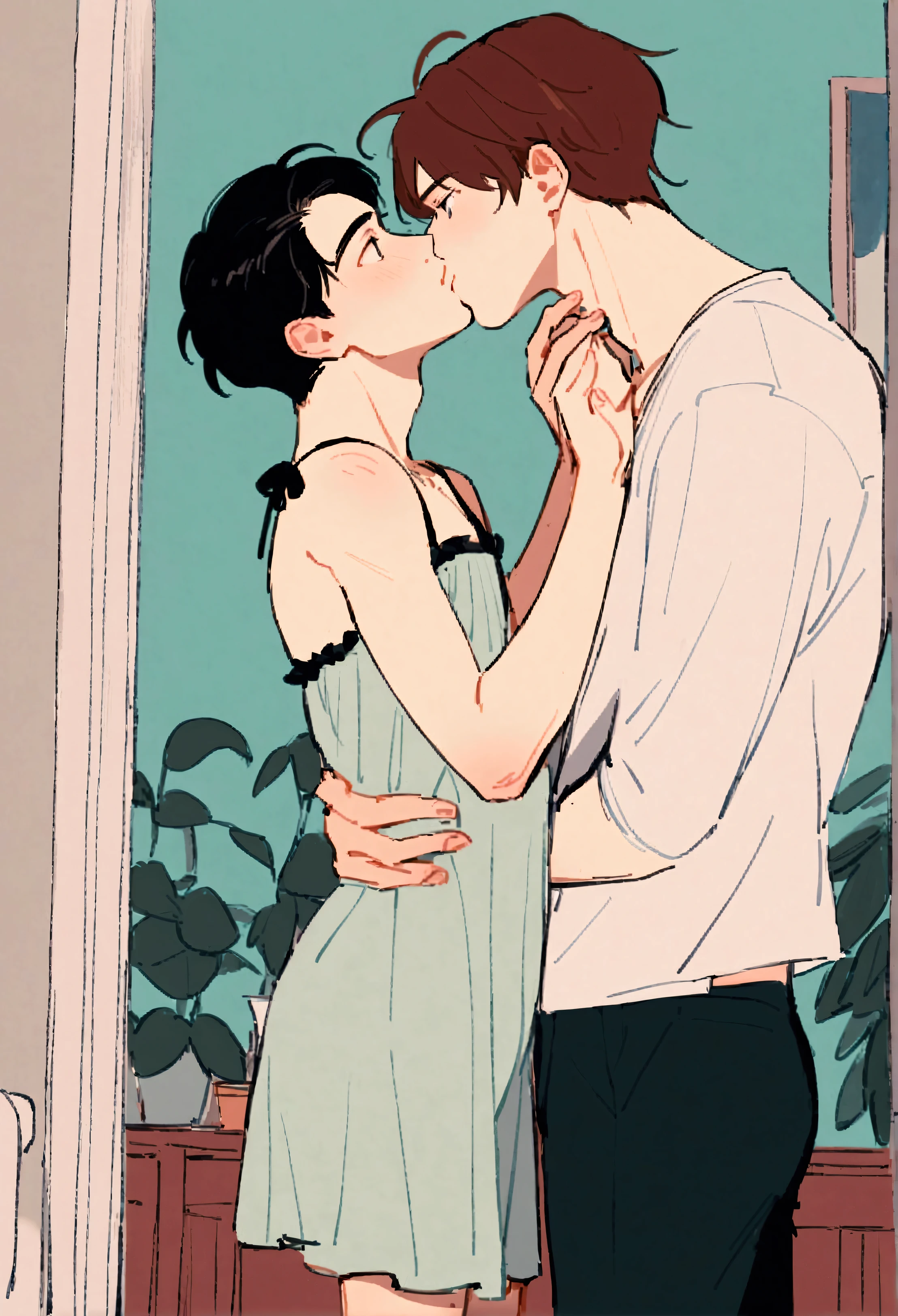 2 Boys, male focus, several boys, yaoi, couple, Princesa Carry, carrying,kissing, chemise, pants, looking at another, ssmile, Inside the house, best qualityer, incredible quality, better aesthetics, absurderes

