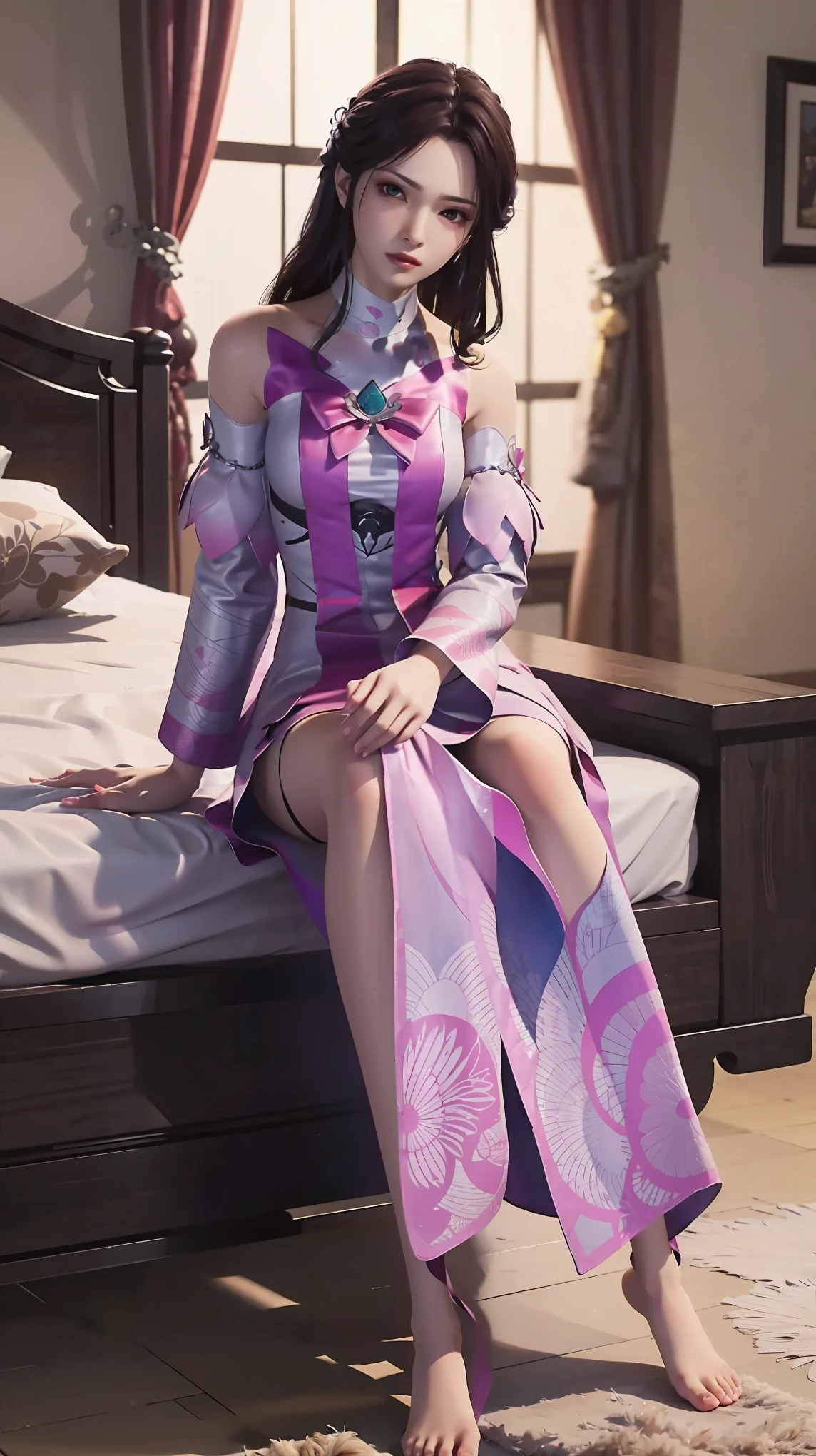 A beautiful young woman,Wearing pajamas,Lying on the bed,barefoot,Wearing a dress,Lie flat on your bed,Cross-legged,Full body shot,(Best picture quality,4K,8k,high-definition,excellent work:1.2),Ultra Detail,Delicate eyes,Delicate lips,Extremely detailed face and eyes,Long eyelashes,Natural light,Warm colors,Soft Focus,Chiaroscuro,Deep scene