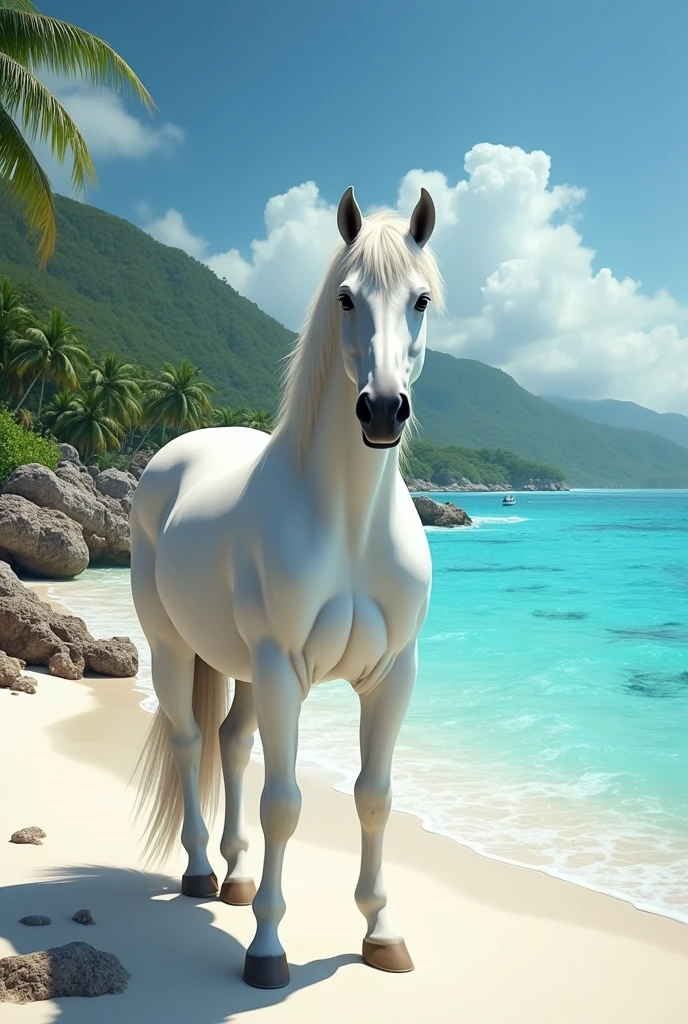 Seychelles諸島(Seychelles):I'd like an image that creates a fantastical image of a white horse standing dignified against the beautiful coral reef and blue seashore.。