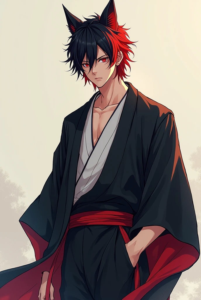 1 man, 1,83 tall, black hair with red, raza Ōkami, with a haori, anime style