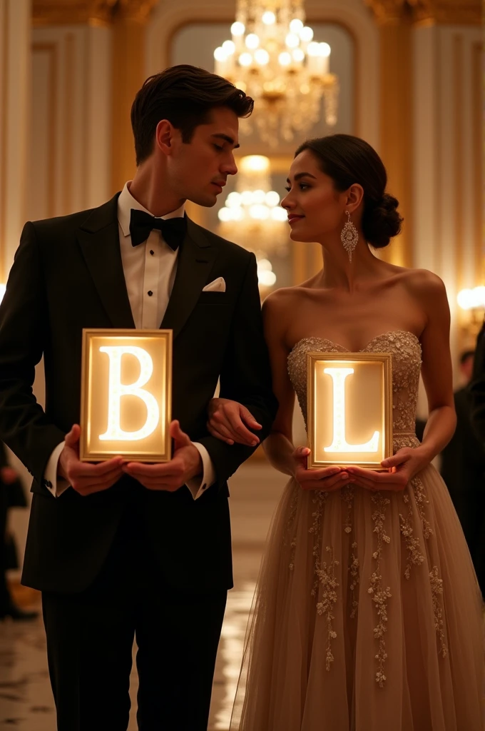 Give me a picture of a formally dressed couple where the man is holding a sign with the letter B and the woman is holding the letter L.