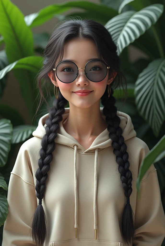 (photorealism:1.2), beautiful Korean woman,22 years,small low nose bridge,sharp boobs, oily shiny skin,smiling,wearing a fitting hoodie,long braids,oversized round photo chromatic glasses with grey lenses, standing , realistic indetails,plants in background.red velvet's Irene inspiration