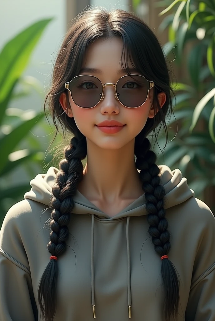 (photorealism:1.2), beautiful Korean woman,22 years,small low nose bridge,sharp boobs, oily shiny skin,smiling,wearing a fitting hoodie,long braids,oversized round photo chromatic glasses with grey lenses, standing , realistic indetails,plants in background.red velvet's Irene inspiration