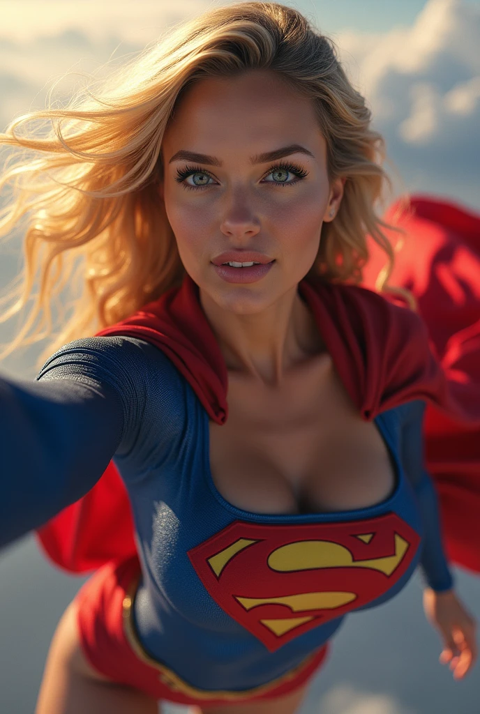 INSANELY SEXY, RIPPED MUSCULAR BUSTY BOOBS SUPERGIRL WEARING THE ORIGNAL SUPERGIRL COSTUME FROM 1950. SOARING WHILE TAKING A SELFIE.