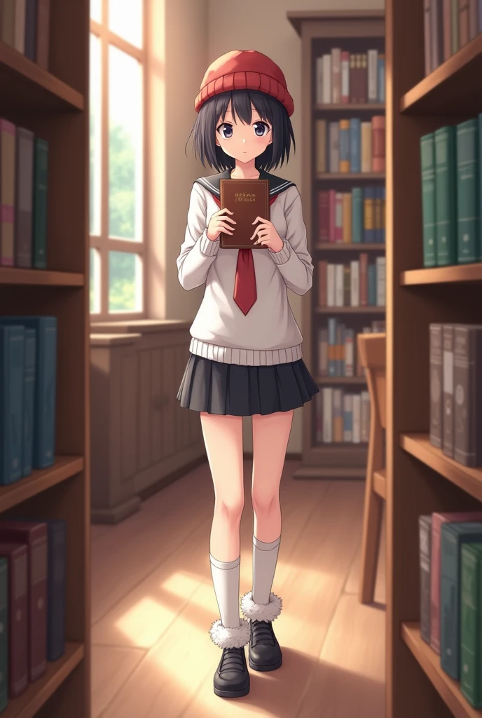 Adult anime girl, short black hair without bangs, slightly sharp black eyes, wearing white shirt, red tie, short shorts, white knee-length skirt, white fur socks, Japanese school shoes Ban, red beanie, holding a book, shy, in the library