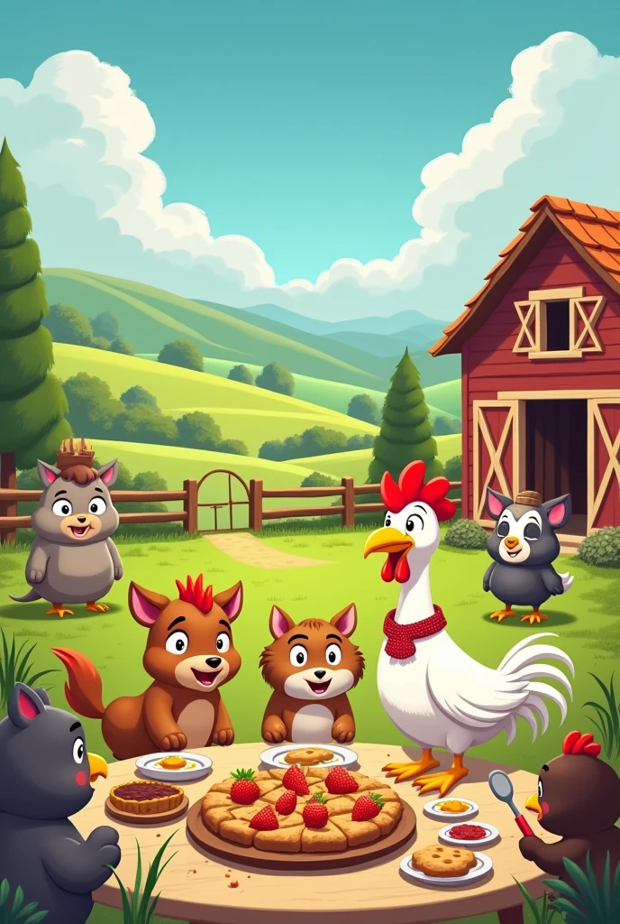 cartoon about this paragraph : On a small and quiet farm, There lived a variety of animals that, although very different from each other, they got along wonderfully. Every day started the same way: with a delicious breakfast prepared by Doña Gallina, the most talented cook in the place.