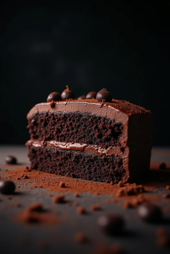 cinematic film still chocolate, chocolate cake, dark background, quality photo, moist texture, frosting, studio photo, slice . shallow depth of field, vignette, highly detailed, high budget, bokeh, cinemascope, moody, epic, gorgeous, film grain, grainy