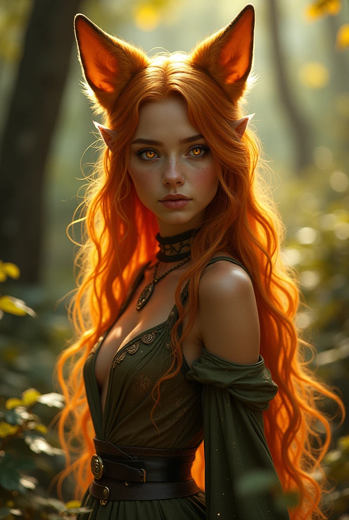 A young woman, she has small, pointed ears, similar to those of a fox. Her ears are covered in golden down and are very expressive, moving slightly in response to sounds and emotions.
Skin Color: Her skin has a reddish-gold tone, which reflects the light like the surface of a late autumn leaf, reminiscent of late afternoons in the forest. This tone suggests a deep connection with the element of fire and the life energy of the forest.
Hair: Her hair is long and wavy, with a shine similar to that of the setting sun. The color is a vivid gold, which seems to capture and reflect the light around her, highlighting her presence even in the shadows of the forest.
Eyes: Her eyes are large and deep amber, with a soft glow that makes them mesmerizing. They are eyes that convey wisdom, curiosity, and a flame of passion. Looking into her eyes, one can perceive a quiet intensity, like a flame that burns without extinguishing.
Facial Features: She has delicate and slightly angular features.  Her face is softly triangular, with a delicate chin and high cheekbones. Her nose is small and upturned, complementing the feline grace of her features.
Body: Her body is slender and agile, ideal for moving gracefully and quickly through the forest. She has a soft musculature, suggesting a strength that is not immediately evident. Her movements are elegant and calculated, like those of a predator observing its surroundings.
Clothing: She wears garments made from natural forest materials: leaf silk, soft leather, and feathers. Her clothing is light, allowing freedom of movement, adorned with small gold details that gleam in the sunlight, reflecting her status within the Communicator caste.