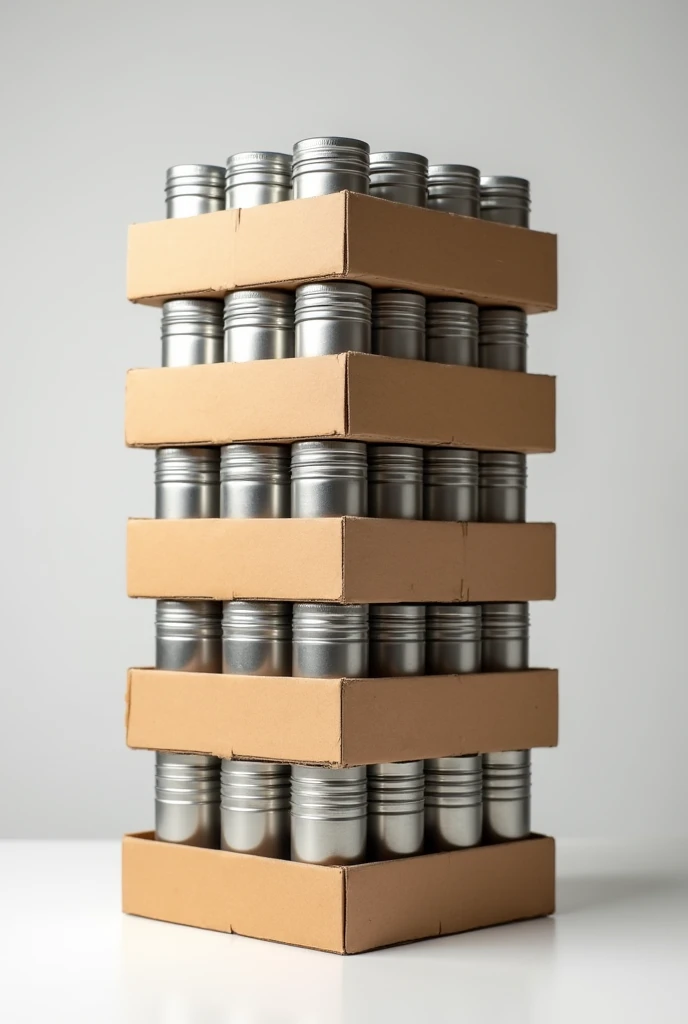 5 stacked cardboard trays, 12 tins in each tray
