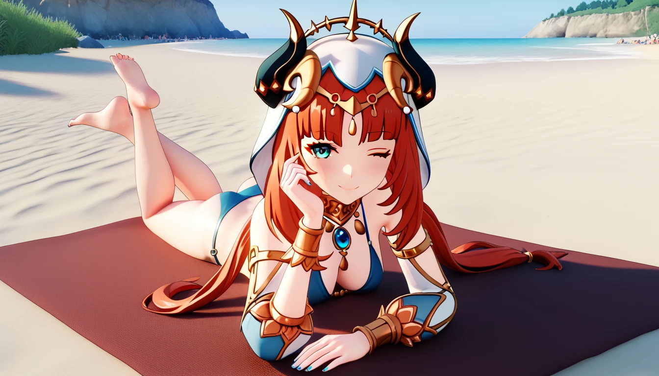 Nilou Genshin Impact game style, 3D,on beach,small micro bikini,resting on stomach,horny,looking at viewer,winking,smiling 