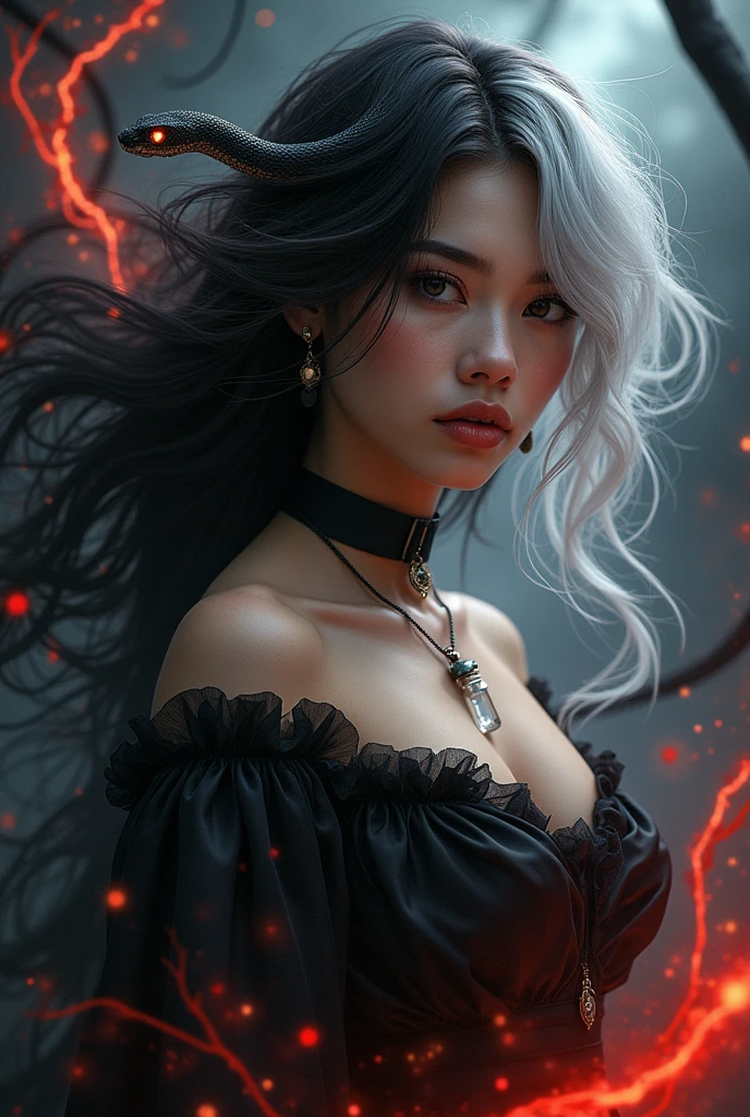 (Masterpiece artwork, top-quality, best qualityer, offcial art, beautiful and seductive aesthetics:1.2), Brazilian woman, (face covered by hair) cabelo blackw comprido (1woman:1.2), fly away, Extremely Detailed,(resumlistum:1.4, Fractal Art:1.3),(silver_hair:1.1), Destiny \( series\), blackw, More Detailed, fire, , lightning, (splash_art:1.2), jewelly:1.4, Hanfu, Scenario, blackw e prata, black snake with red eyes, black and red smoke background. Only shows one side of the face. Mulher sexy, sedutora, um lado do rosto coberto. Um colar preto com um vidro de poção como pingente. Adulta, linda, pele bronzeada, sexy 